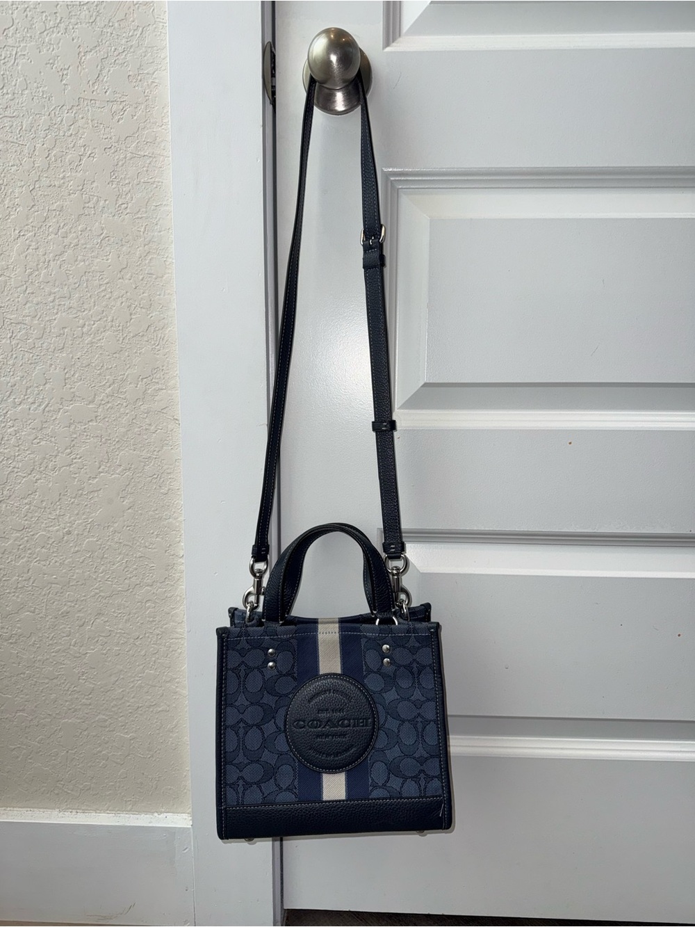 Coach Navy Signature Canvas Mini Tote with Center Stripe
